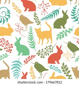 Happy Easter background with rabbits, birds and cats