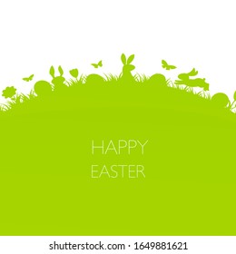 Happy Easter background with rabbits silhouettes, Easter eggs, green grass, butterflies, flowers, vector illustration. 