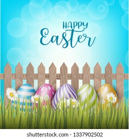 Happy Easter background with realistic 3d colorful eggs, wooden fence, flowers and hiding bunny ears. Vector illustration.