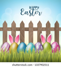 Happy Easter background with realistic 3d colorful eggs, wooden fence, flowers and hiding bunny ears. Vector illustration.