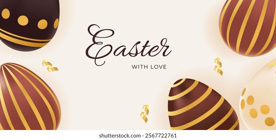 Happy Easter background with realistic chocolate gold eggs. Holiday greeting concept, template, layout. Vector illustration of brown, beige colors