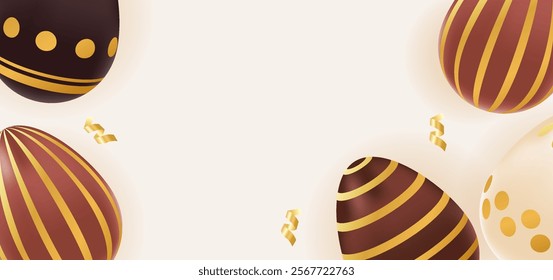 Happy Easter background realistic chocolate eggs with golden pattern. Holiday concept, template, layout, copy space. Vector illustration of brown, beige colors