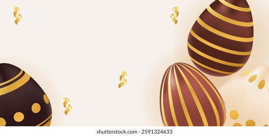 Happy Easter background realistic chocolate eggs with golden pattern. Holiday concept, template, layout, copy space. Vector illustration of brown, beige colors