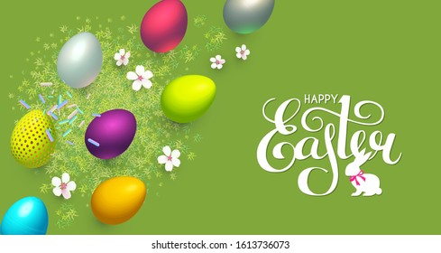 Happy Easter background with realistic colorful 3D eggs, flowers and lettering with bunny.