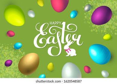 Happy Easter background with realistic colorful 3D eggs, flowers and lettering with bunny.