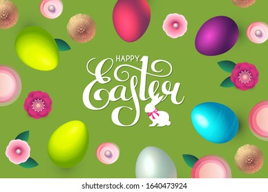 Happy Easter background with realistic colorful 3D eggs, flowers and lettering with bunny.