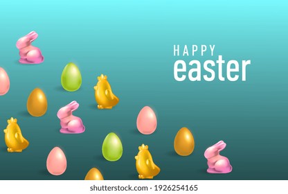 Happy Easter background with realistic colorful eggs and cute 3d chickens and rabbits. Greeting card of fashionable design. Invitation template Vector illustration on a blue background.
