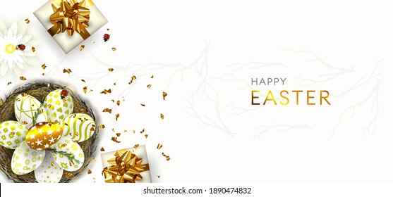 Happy Easter  background with realistic colourful decorated eggs in the nest and gift boxes. Template for greeting card, ad, sales, poster, flyer, banner.