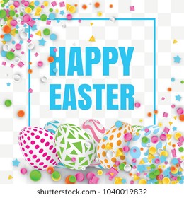Happy Easter Background with Realistic Decorated Eggs. Greeting Card 3d Design or Invitation Template