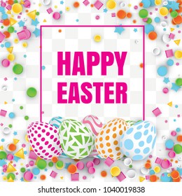 Happy Easter Background with Realistic Decorated Eggs. Greeting Card 3d Design or Invitation Template