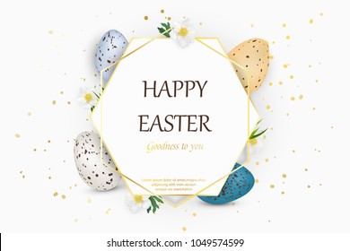 Happy Easter background with realistic decorated quail Easter eggs. Decorative frame with eggs, spring flowers, grass. Design template for Banner, flyer, invitation, greeting card,poster. vector 