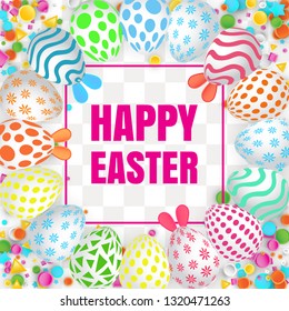 Happy Easter Background with Realistic Decorated Eggs and Confetti. Greeting Card 3d Design or Invitation Template