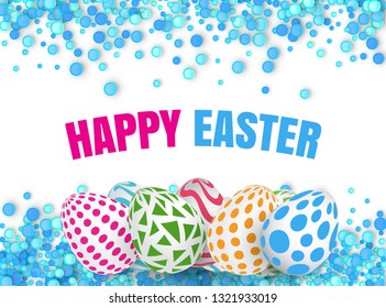 Happy Easter Background with Realistic Decorated Eggs and Confetti. Greeting Card 3d Design or Invitation Template