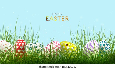 Happy Easter  background with realistic  decorated eggs and grass. Template for greeting card, ad, sales, poster.