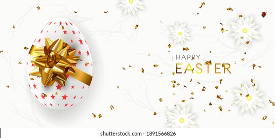 Happy Easter  background with realistic  decorated egg and flowers. Template for greeting card, ad, sales, poster.