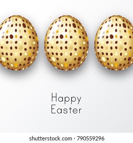 Happy Easter background with realistic dotted  golden eggs and text. Greeting card template trendy design. Vector illustration for poster, invitation