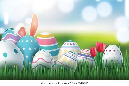 Happy Easter background with realistic Easter eggs. Easter card. Vector illustration