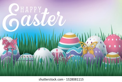 Happy Easter background with realistic Easter eggs. Easter card. Vector illustration