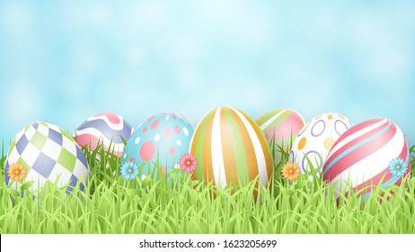 Happy Easter background with realistic Easter eggs. Vector illustration