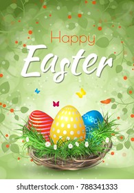 Happy Easter background with realistic Easter eggs. Easter card.