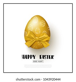 Happy Easter background with realistic golden egg and bow. Vector illustration. Design layout for invitation, card, banner, poster, voucher.