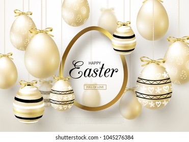 Happy Easter background with realistic golden shine decorated eggs. Design layout for invitation, greeting card, ad, promotion, banner, poster, voucher. Vector illustration.