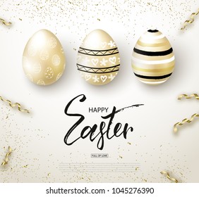 Happy Easter background with realistic golden shine decorated eggs and serpentine. Design layout for invitation, greeting card, ad, promotion, banner, poster, voucher. Vector illustration.
