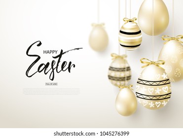 Happy Easter background with realistic golden shine decorated eggs. Design layout for invitation, greeting card, ad, promotion, banner, poster, voucher. Vector illustration.