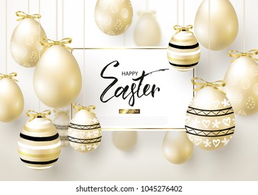 Happy Easter background with realistic golden shine decorated eggs. Design layout for invitation, greeting card, ad, promotion, banner, poster, voucher. Vector illustration.