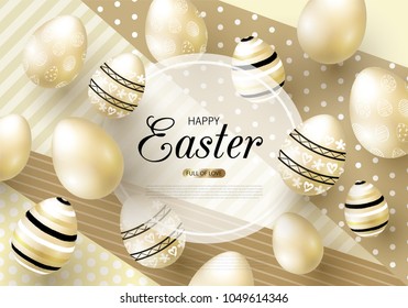 Happy Easter background with realistic golden eggs. Design layout for invitation, greeting card, ad, promotion, banner, poster, voucher. Vector illustration.