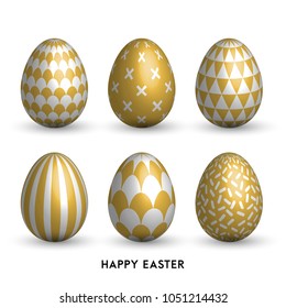 Happy Easter background with realistic golden shine decorated eggs set. Vector realistic illustration collection. Perfect for holiday greeting card, ad, promotion, poster, flyer, web-banner, article