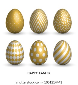 Happy Easter background with realistic golden shine decorated eggs set. Vector realistic illustration collection. Perfect for holiday greeting card, ad, promotion, poster, flyer, web-banner, article