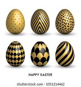 Happy Easter background with realistic golden shine decorated eggs set. Vector realistic illustration collection. Perfect for holiday greeting card, ad, promotion, poster, flyer, web-banner, article