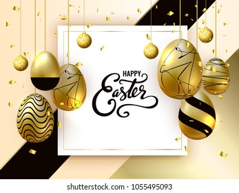 Happy Easter background with realistic golden decorated eggs and cute doodles. Greeting card trendy design. Invitation template Vector illustration for you poster or flyer.