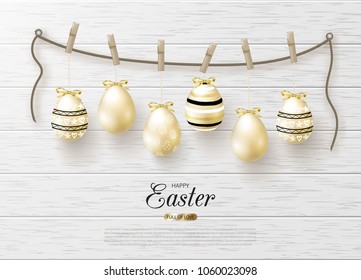 Happy Easter background with realistic golden shiny eggs on rope with clothespins. Design layout for invitation, greeting card, ad, promotion, banner, poster, voucher. Vector illustration.