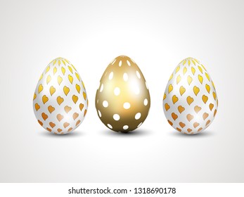 Happy Easter background with realistic golden shine decorated eggs white Background. International Spring Celebration Design with 