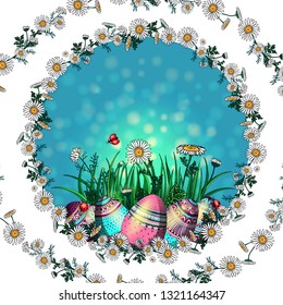 Happy Easter background with realistic golden shine decorated eggs and confetti. Vector illustration greeting card, ad, promotion, poster, flyer, web-banner, article, social media