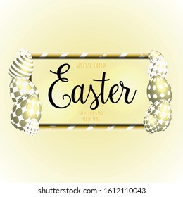 Happy Easter background with realistic golden decorated eggs. Greeting card trendy design. Invitation template Vector illustration for you poster or flyer.