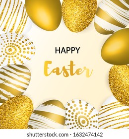 Happy Easter background with realistic golden shine decorated eggs. Vector illustration greeting card, ad, promotion, poster, flyer, web-banner, article