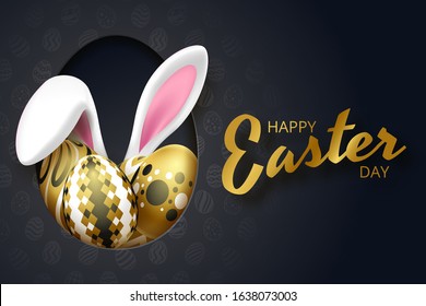 Happy Easter background with realistic golden eggs and rabbit ears. Vector illustration