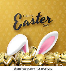 Happy Easter background with realistic golden eggs and rabbit ears. Vector illustration