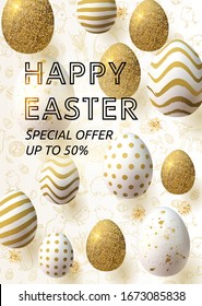  Happy Easter background with realistic golden decorated eggs and cute doodles. Greeting card trendy design. Invitation template Vector illustration for you poster or flyer.