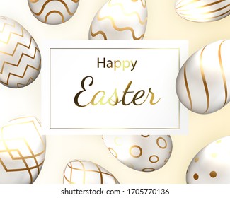 Happy Easter background with realistic golden decorated eggs. Greeting card trendy design. Invitation template Vector illustration for you poster or flyer.