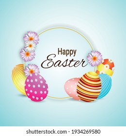 
Happy Easter background with realistic golden shine decorated eggs and Rabbit