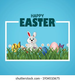 Happy Easter background with realistic golden shine decorated eggs and Rabbit