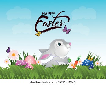 Happy Easter background with realistic golden shine decorated eggs and Rabbit