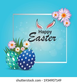 Happy Easter background with realistic golden shine decorated eggs and Rabbit