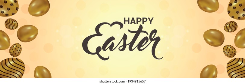 Happy Easter background with realistic golden shine decorated eggs and Rabbit