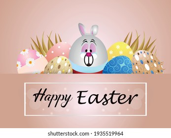 Happy Easter background with realistic golden shine decorated eggs and Rabbit