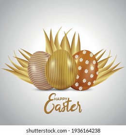 Happy Easter background with realistic golden shine decorated eggs and Rabbit